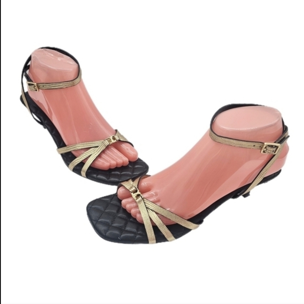 New L'Agence Genette Ankle Strap Kitten Heel Sandal In Gold Lizard Sz 9